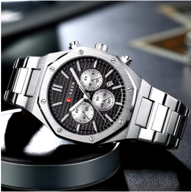 Man WristWatch Waterproof Chronograph - Silver Stainless Steel Sport Male